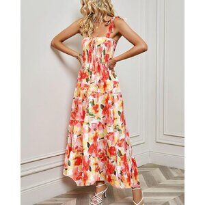 Women's Summer Boho Spaghetti Strap Square Neck  Ruffle Casual Flowy Long Dress